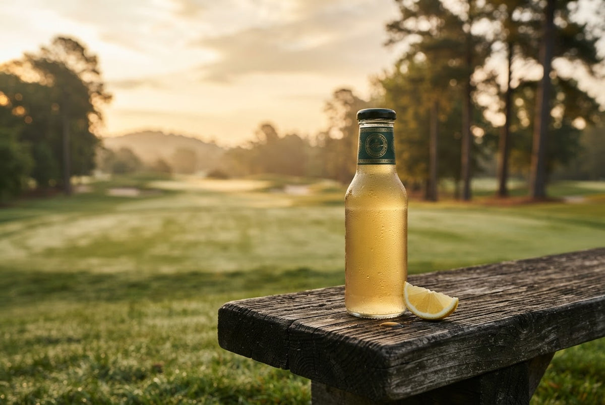 FruitWell bottle on a wooden bench at the edge of a golf course at golden hour